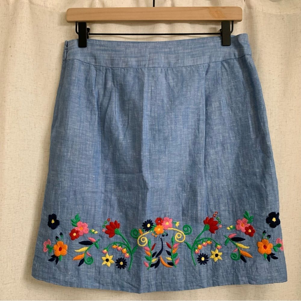 Talbots Embroidered A-Line Colorful Floral Linen Cotton Chambray 4 Spring Skirt